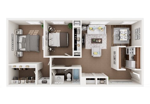 Floor plan for 2 beds, 1 bath, 1000 sqft